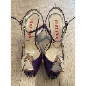 Miu Miu Purple Leather Peep-Toe Sandals With Beige Bow Detail Made In Italy Size